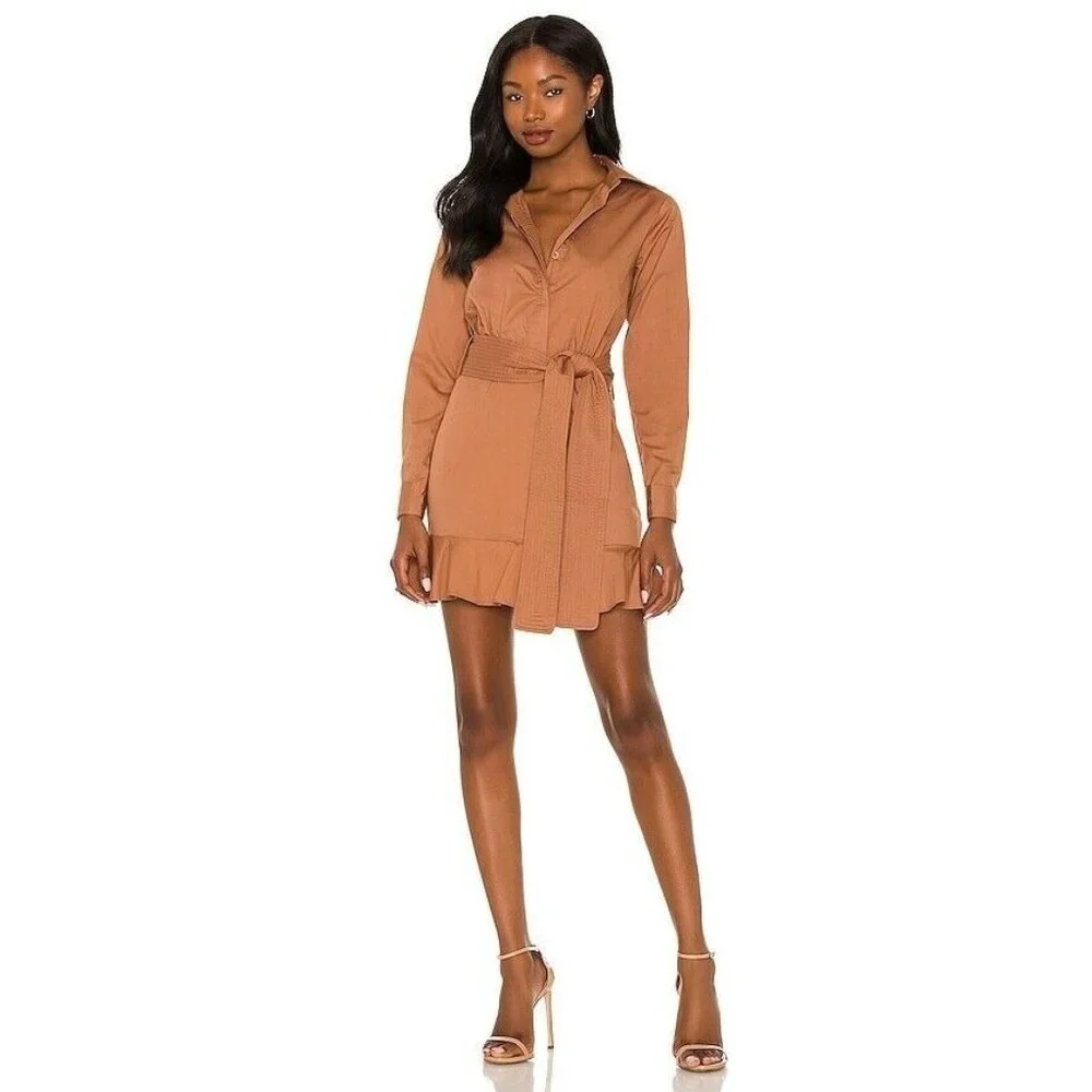 Karina Grimaldi Sandrinne Mini Dress in Caramel Brown Tie Belt
